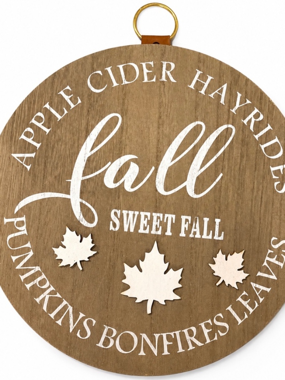Fall Sweet Fall Round Wooden Wall Sign Apple Cider Pumpkin Leaves
